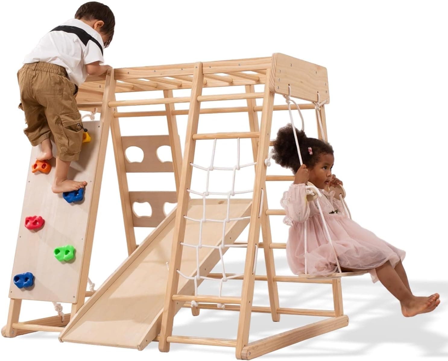 Giant bean Indoor Climbing Frame for Toddlers, Jungle Gym for 2-5yrs Kids | Toddlers Climber Toys 8-in-1 with Slide, Rock Climb Wall, Monkey Bars, Wood & Rope Ladder, Climbing Rope & Wall