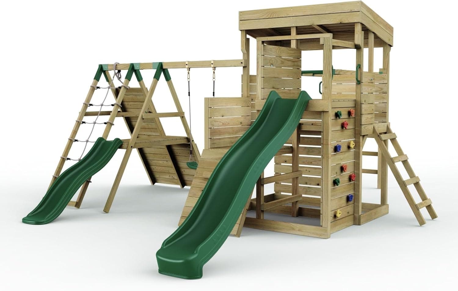 Rebo 2 Tier XL Lookout Tower Playhouse with Single Swing and Monkey Bars plus Climbing Wall | with 9ft & 6ft Slide | Ladder | Pressure Treated Timber, Safe for Children | OutdoorToys | Climbing Wall |