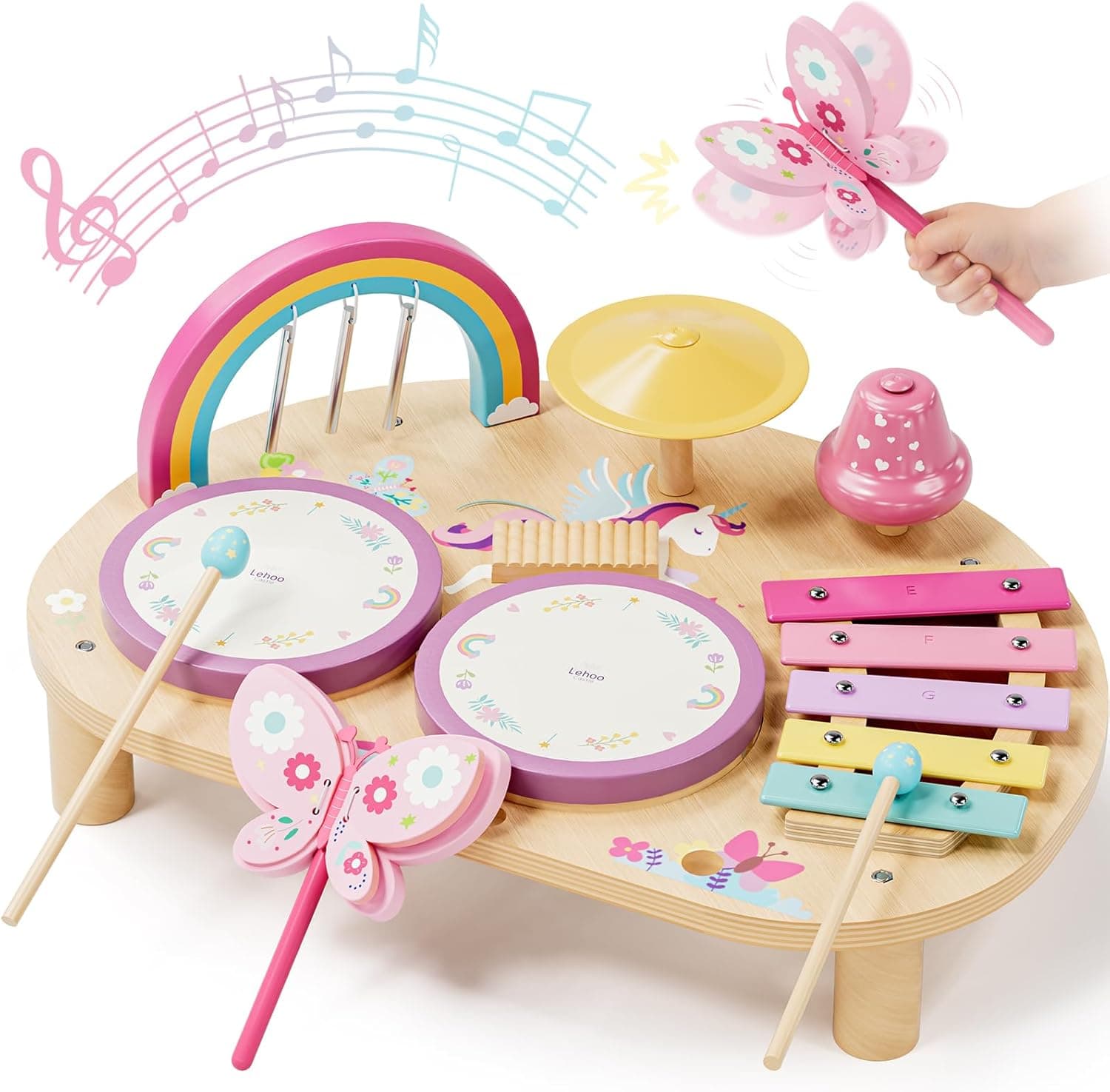 Lehoo Castle Unicorn Kids Drum Kit, Montessori Educational Toys Gifts for 1-3 Year Old Girls, Baby Toddler Wooden Musical Instruments Toys with Xylophone & 2 Drums 12M+