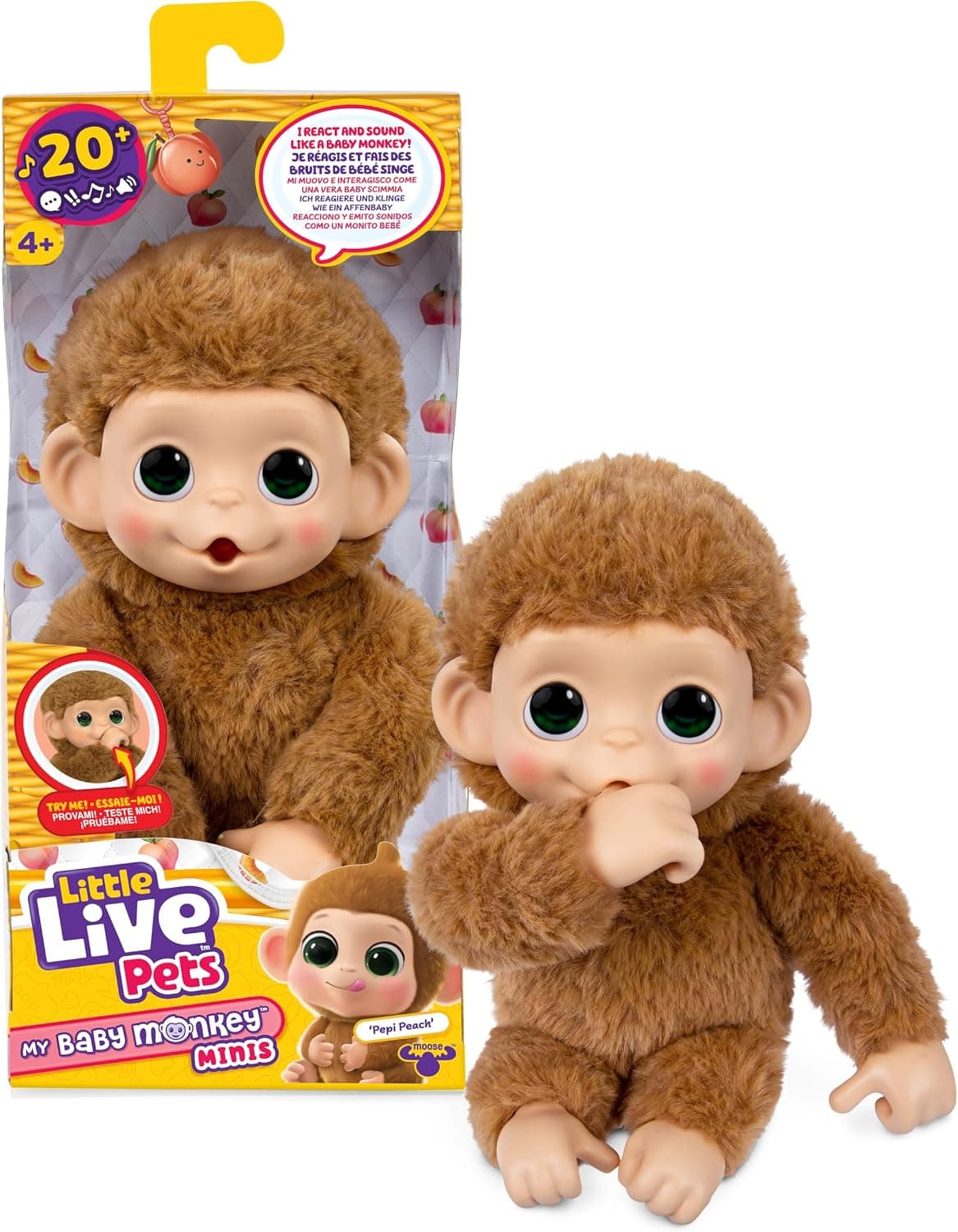 Little Live Pets Baby Monkey Minis – Pepi Peach. Interactive Pet Toy. 20+ Sounds & Reactions. Soft Brown Fur, 7.4" Tall. Super Realistic. Feed, Nurture, React. Grippy Hands & Feet. Collect All 3 | 20+ sounds & reactions, soft caramel fur, 7.4in tall, feed & nurture; collect all 3, boys & girls toys