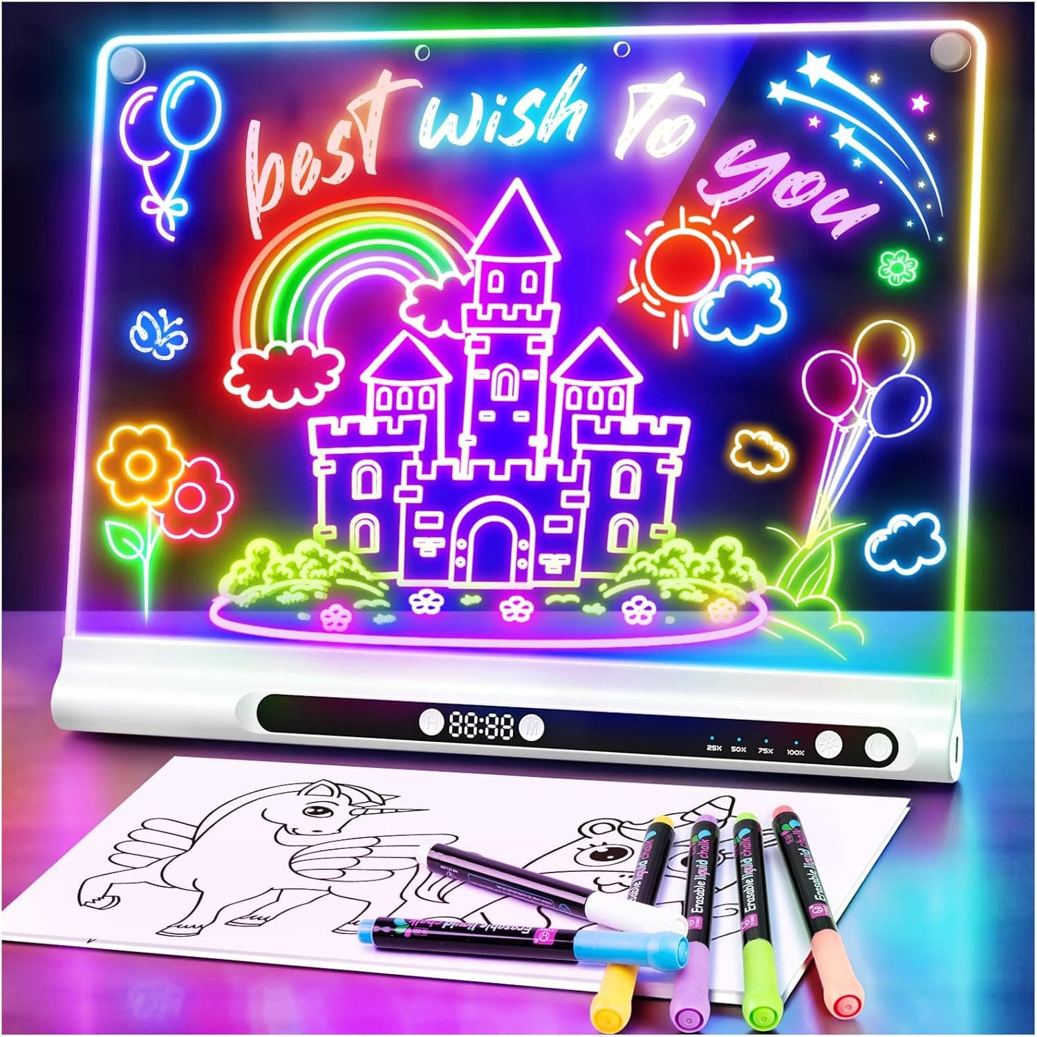 16“ Rechargeable LED Drawing Board, 9-Color Light Modes with Timer & Built-in Stand, Neon Art Dry Erase Glow Up Doodle Note Pad, Sketching Gift Toy for Kids/Girls/Teens, 6 Markers & Tracing Book-White
